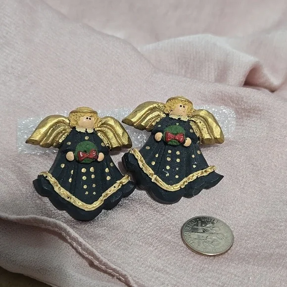 Gold and Black Christamas Angel Eartings  Clip On Earrings - Picture 10 of 12